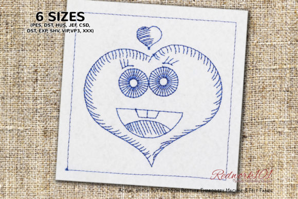 Cute Heart Shape with Face Redwork