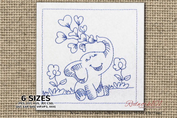 Elephant with Hearts Redwork