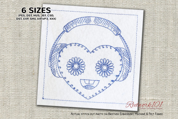 Headphone Heart Shaped Redwork