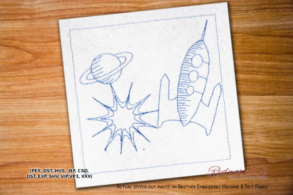 Planet with Rocket Space Redwork