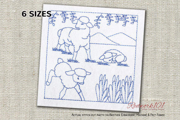 Three Sheep Grazing in Field Redwork