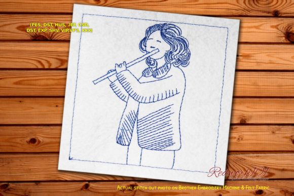 Young Girl Playing Flute Redwork